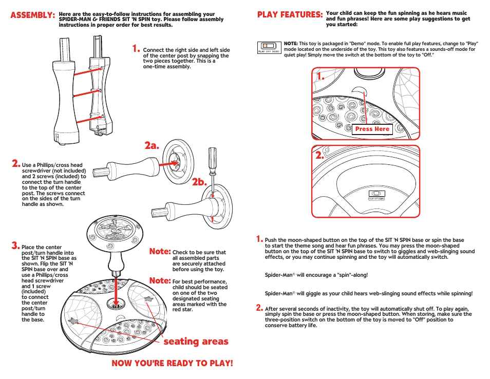 2a. 2b, Seating areas, Assembly | Play features | Hasbro Sit `n Spin 34891/34890 User Manual | Page 2 / 2