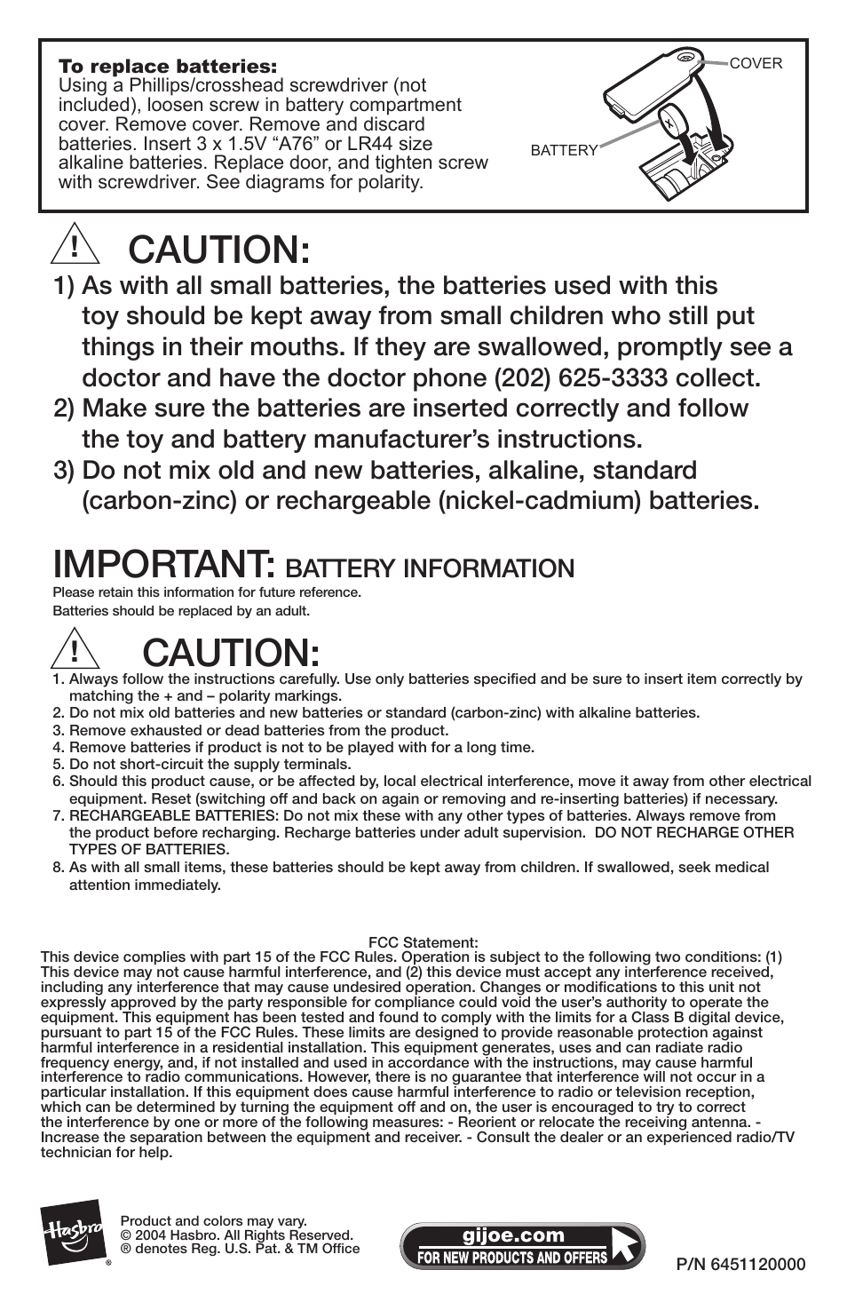 Caution, Important, Battery information | Hasbro 60917 User Manual | Page 2 / 2
