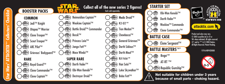 Star w ars, Att acktix, Collectors’ checklist | Booster packs, Collect all of the new series 2 ﬁ gures, Starter set battle case battle masters, Clone sergeant, Common, Rare, Super rare | Hasbro ATTACKTIX 2 Series User Manual | Page 14 / 14