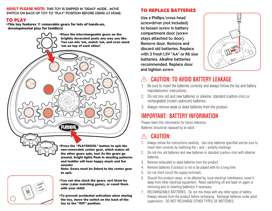 Caution: to avoid battery leakage, Important: battery information, Caution | Hasbro Busy Gears 08478/08479 User Manual | Page 2 / 2