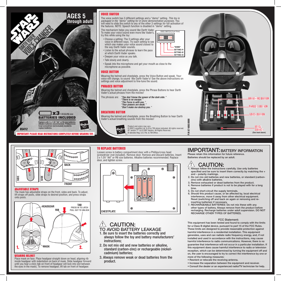 Hasbro Star Wars Darth Vader Voice Changer 85412 User Manual | 1 page