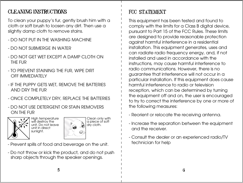 Cleaning instructions, Fcc statement | Hasbro Pup Pourri Barking Puppy 72475 User Manual | Page 4 / 4