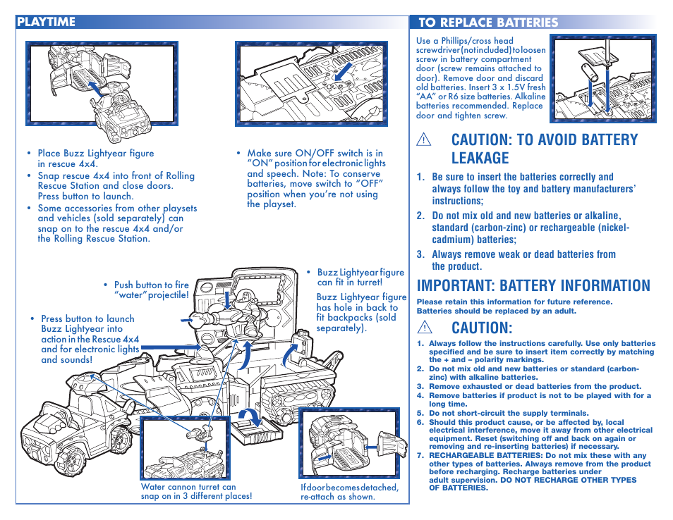 Caution: to avoid battery leakage, Important: battery information, Caution | Hasbro Buzz Lightyears Rolling Rescue Station 03102 User Manual | Page 2 / 3