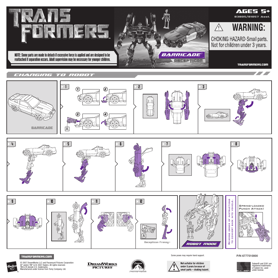 Hasbro Transformers 83805 User Manual | 1 page