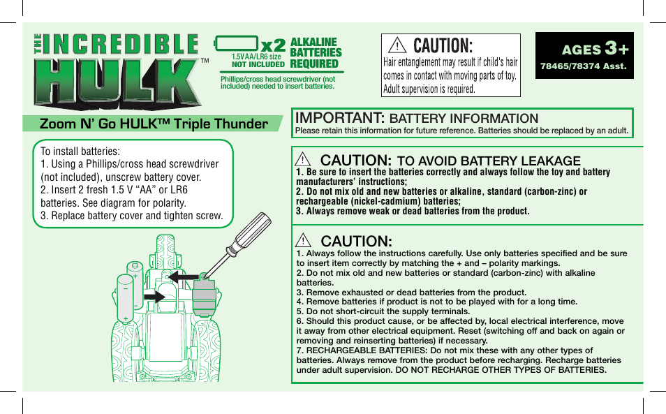 Hasbro Zoom N Go Hulk Triple Thunder 78465/78374 User Manual | 2 pages