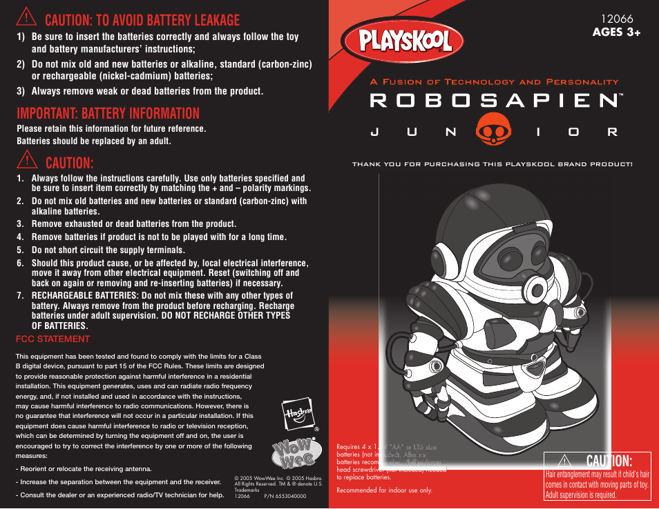 Hasbro Robosapien Junior 12066 User Manual | 2 pages