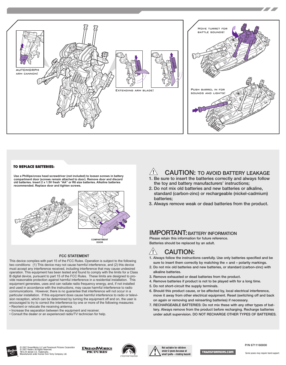 Important, Caution | Hasbro Transformers 81399 User Manual | Page 2 / 2