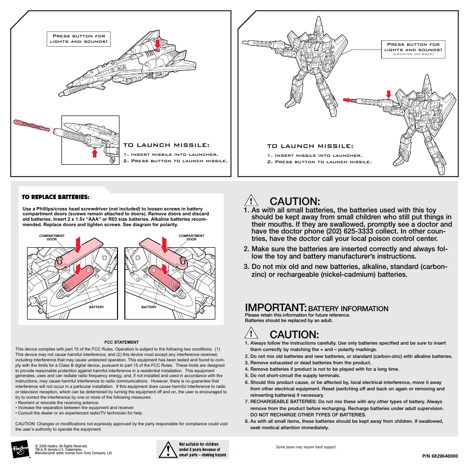 Important, Caution, Battery information | Hasbro Transformers Universe 83679 Asst. User Manual | Page 2 / 2