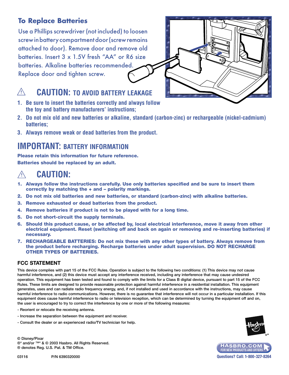 Caution, Important, Battery information | Hasbro 3116 User Manual | Page 4 / 4