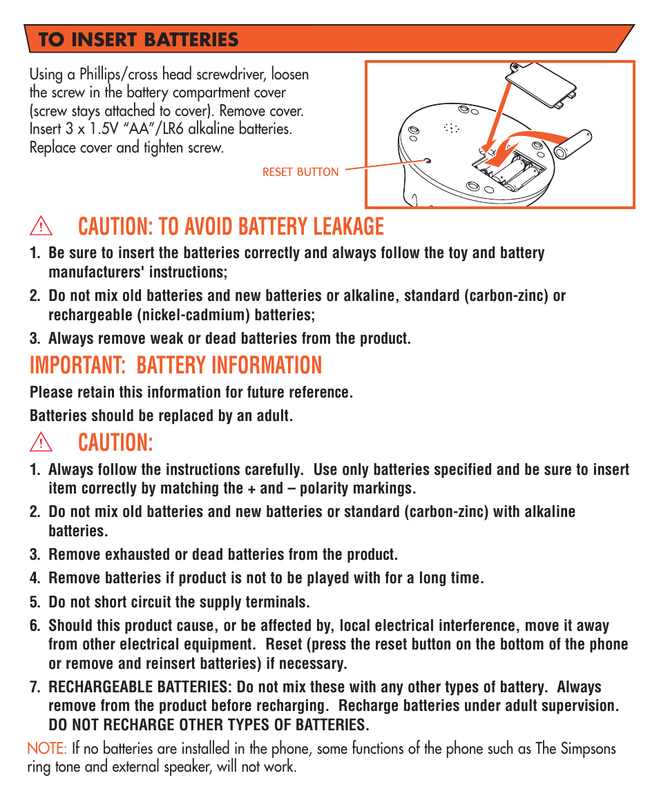 Caution: to avoid battery leakage, Important: battery information, Caution | Hasbro The Simpsons 70236 User Manual | Page 2 / 4