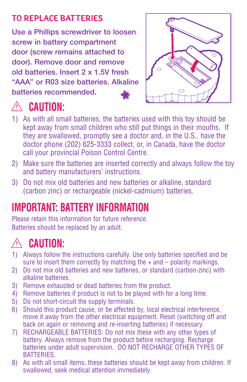 Caution, Important: battery information | Hasbro 60153/60151 User Manual | Page 3 / 4