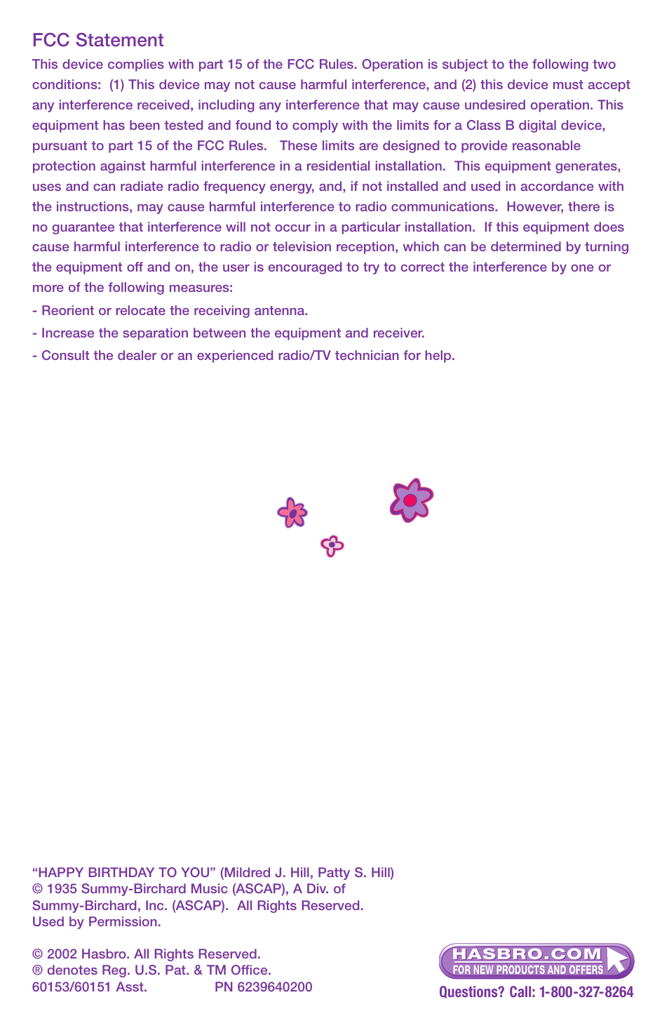 Fcc statement | Hasbro 60153/60151 User Manual | Page 4 / 4