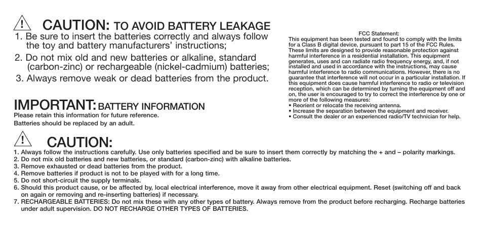 Caution, Important, Battery information | Hasbro 85407/85187 User Manual | Page 2 / 2