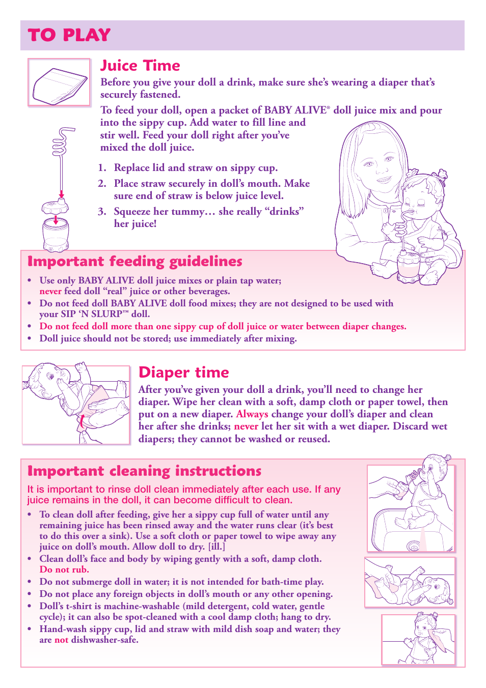 Diaper time, Juice time, Important feeding guidelines | Important cleaning instructions | Hasbro Baby Alive Sip 'n Slurp 18689 User Manual | Page 2 / 4