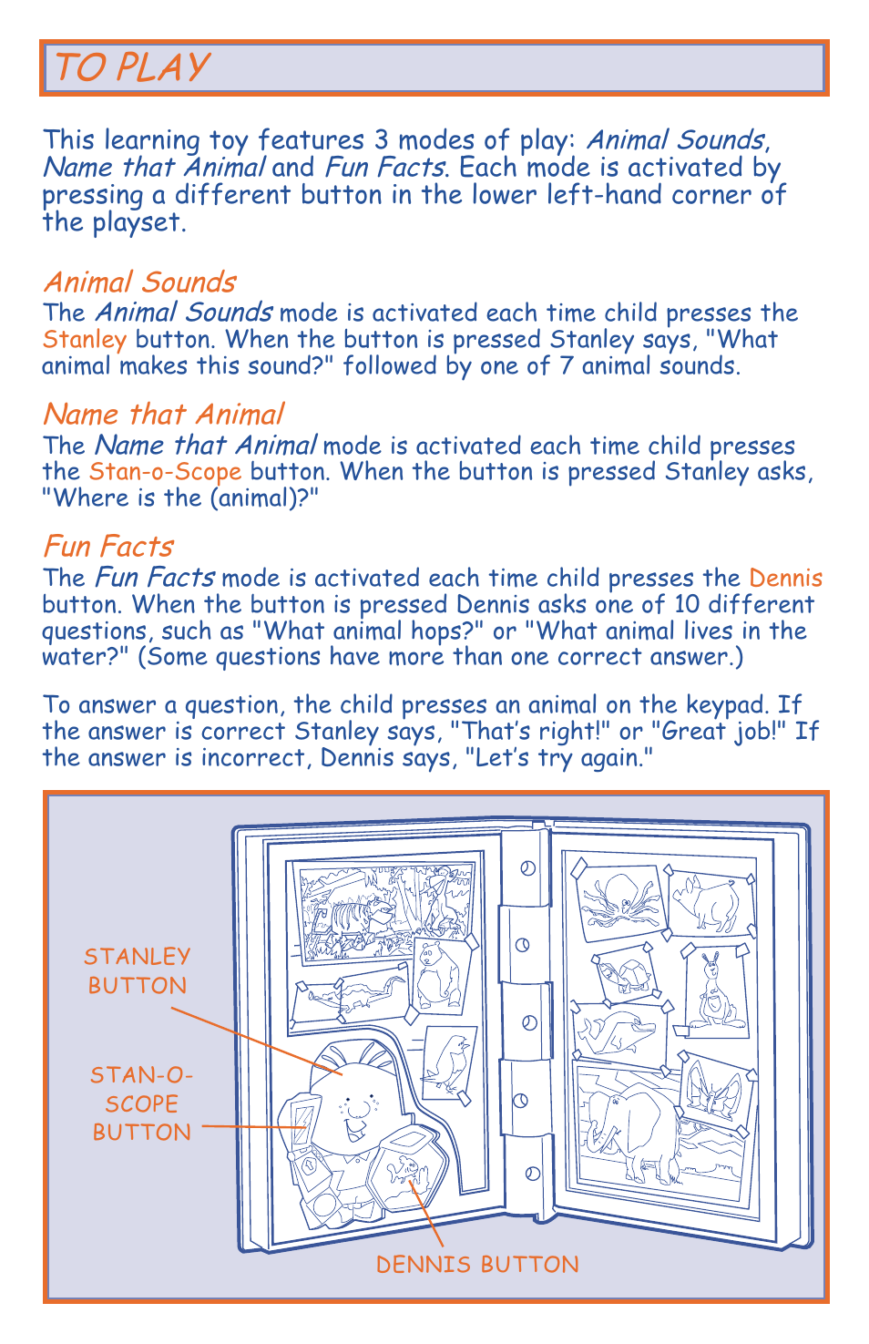 Animal sounds, Name that animal, Fun facts | Hasbro STANLEY 4930 User Manual | Page 2 / 4