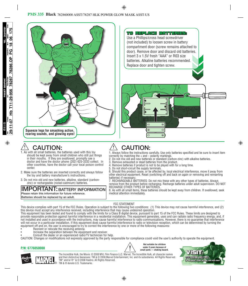 Important, Caution | Hasbro 6776050000 User Manual | Page 2 / 2