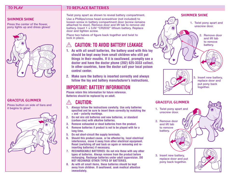 Important: battery information, Caution, Caution: to avoid battery leakage | Hasbro My Little Pony GES 3+ User Manual | Page 2 / 3