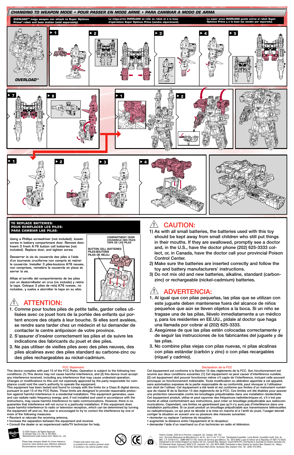 Caution, Attention, Advertencia | Hasbro Transformers 80703 User Manual | Page 2 / 2