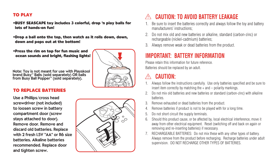 Caution: to avoid battery leakage, Important: battery information, Caution | Hasbro Busy Seascape 08476 User Manual | Page 2 / 2