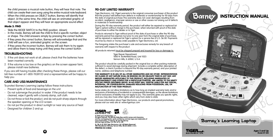 Hasbro Barney's Learning Laptop 87-523 User Manual | 2 pages