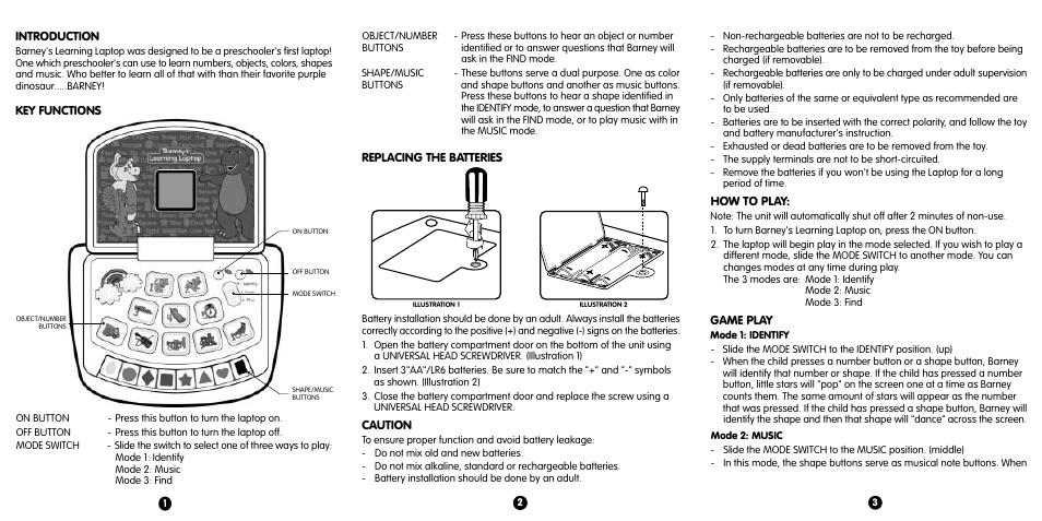 Caution, How to play, Game play | Introduction, Key functions, Replacing the batteries | Hasbro Barney's Learning Laptop 87-523 User Manual | Page 2 / 2