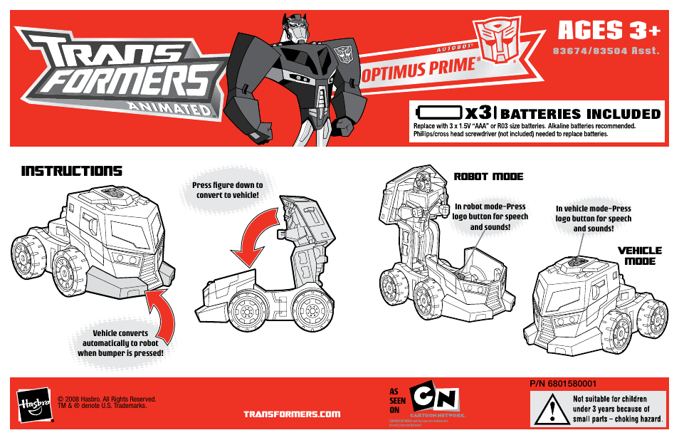 Hasbro Transformers Animated Optimus Prime 83674/83504 User Manual | 2 pages