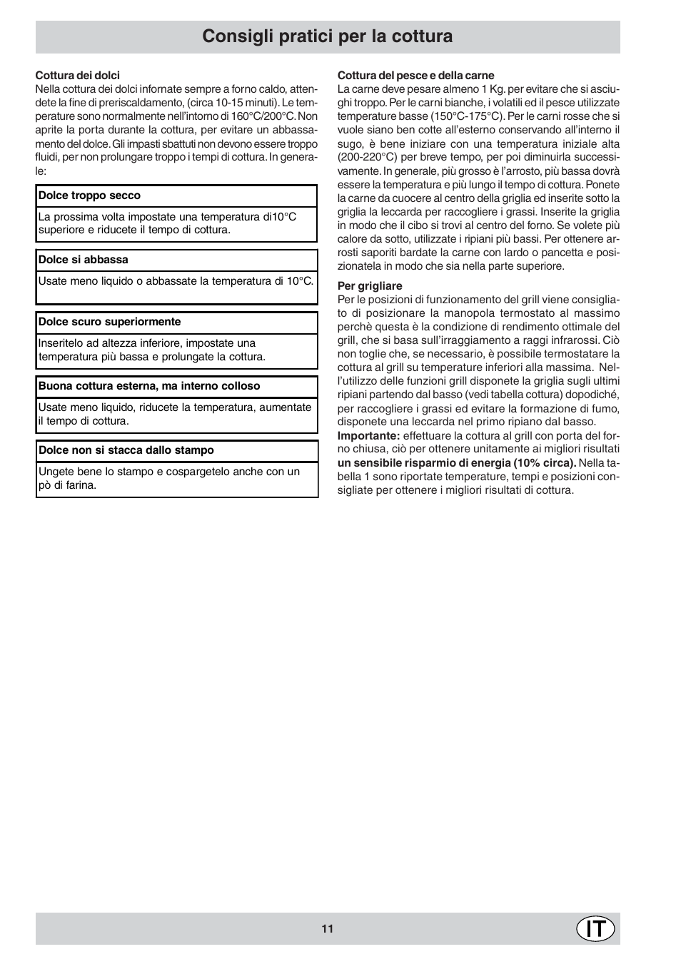 Consigli pratici per la cottura | Indesit KJ1G1 User Manual | Page 11 / 36