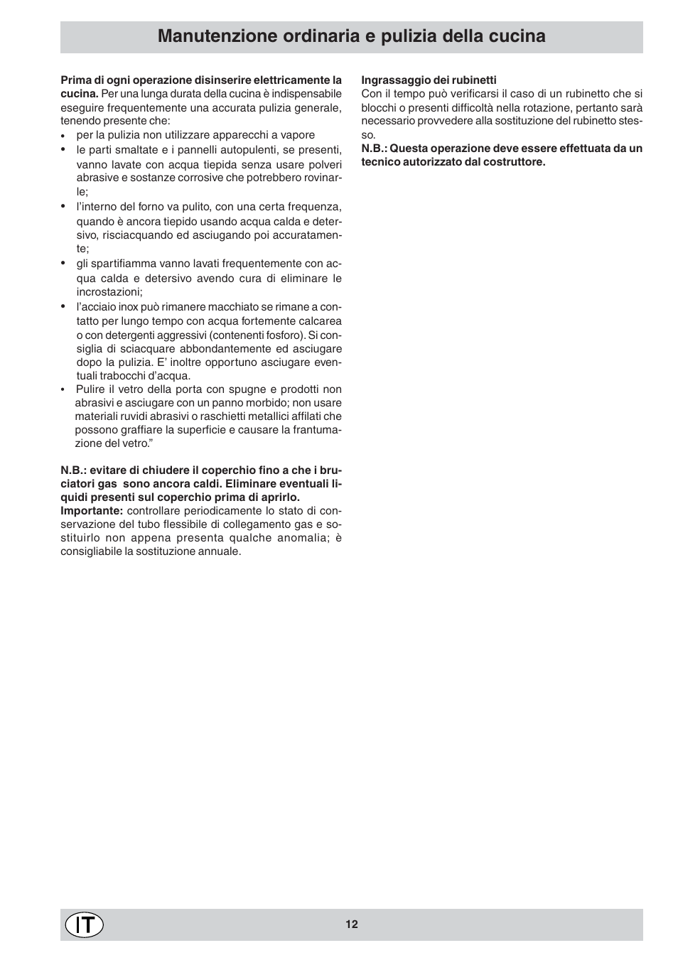 Manutenzione ordinaria e pulizia della cucina | Indesit KJ1G1 User Manual | Page 12 / 36