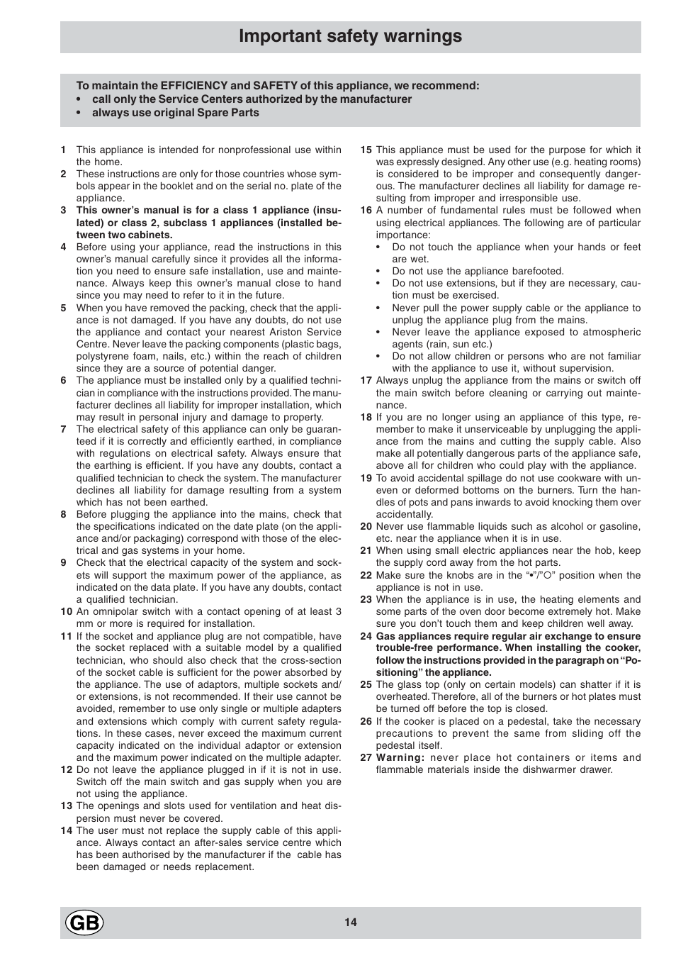 Important safety warnings | Indesit KJ1G1 User Manual | Page 14 / 36