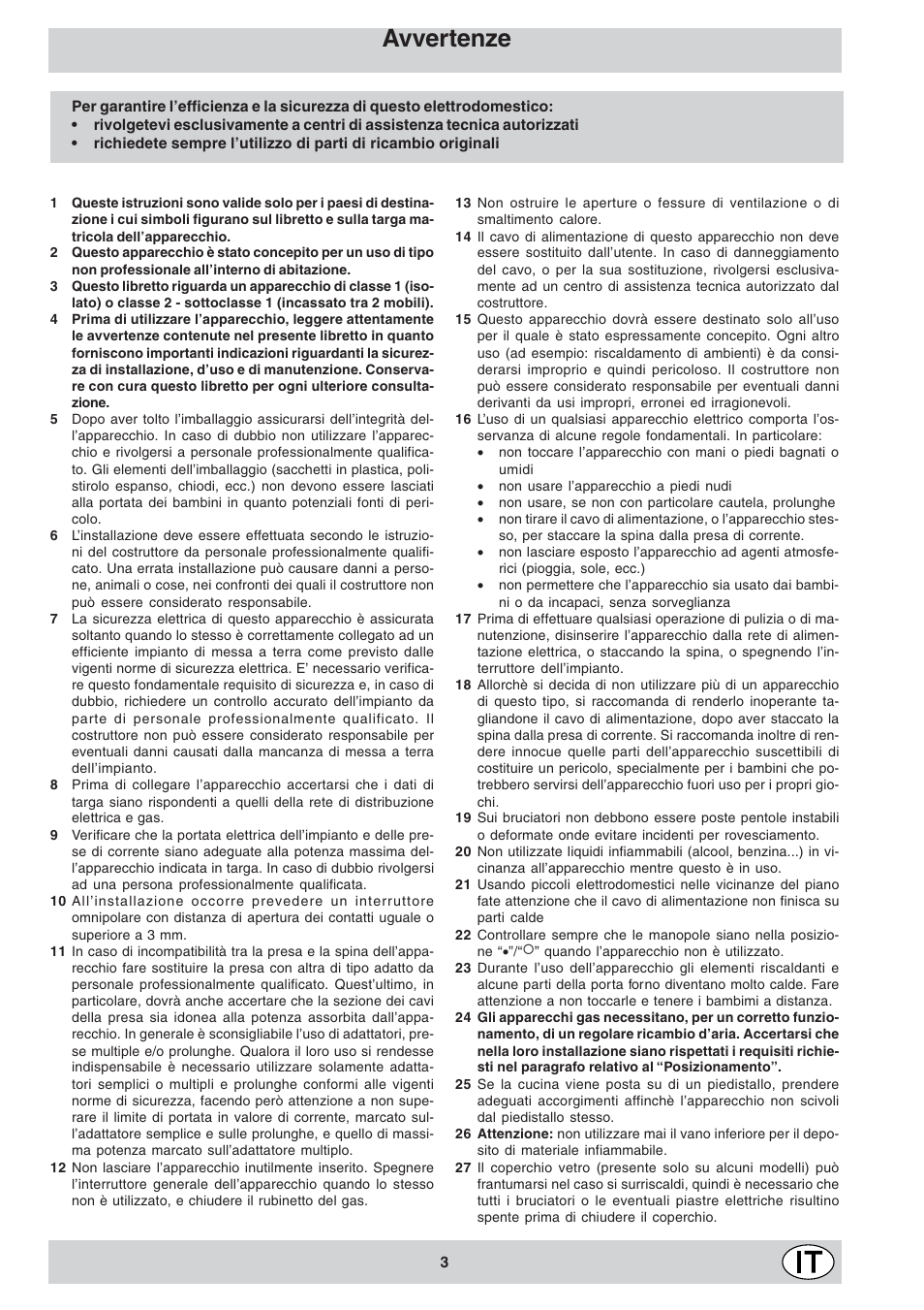 Avvertenze | Indesit KJ1G1 User Manual | Page 3 / 36