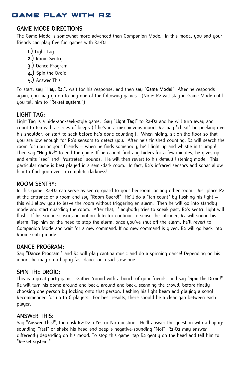 Game play with r2 | Hasbro R2-D2 84895 User Manual | Page 10 / 16