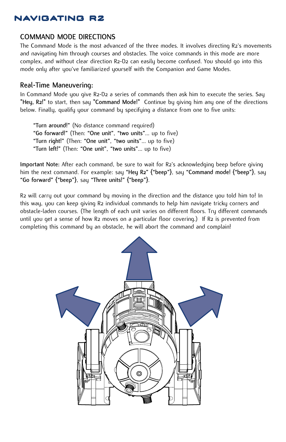 Navigating r2, Command mode directions, Real-time maneuvering | Hasbro R2-D2 84895 User Manual | Page 11 / 16