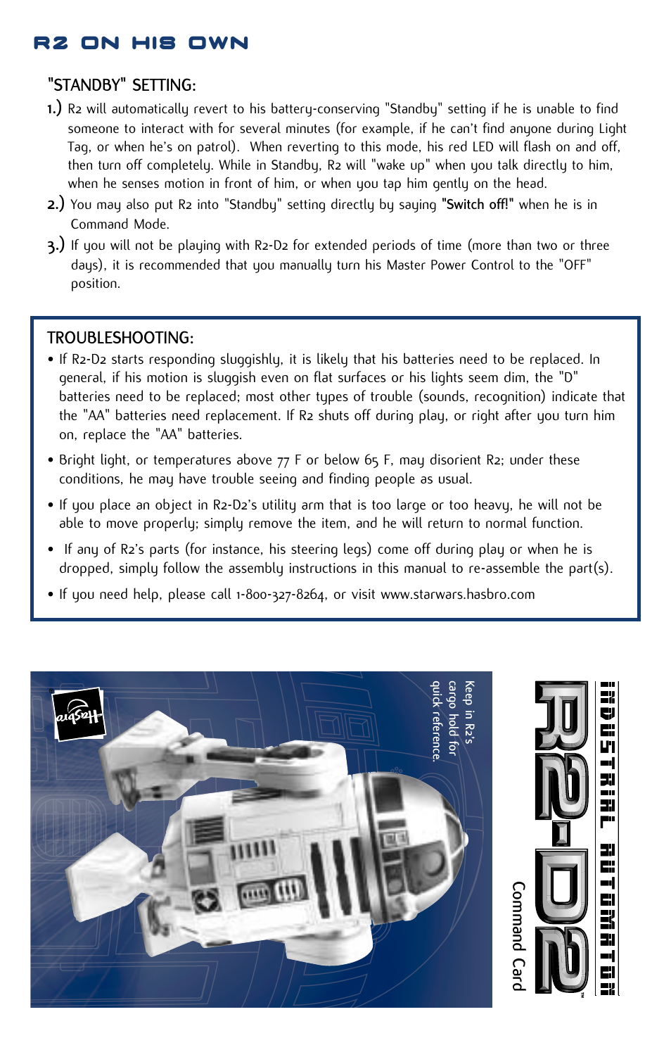 R2 on his own, Standby" setting: 1.), Troubleshooting | Command card | Hasbro R2-D2 84895 User Manual | Page 13 / 16