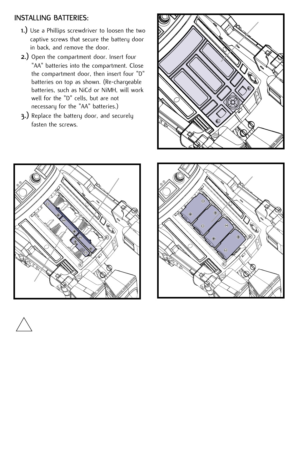 Caution, Installing batteries: 1.) | Hasbro R2-D2 84895 User Manual | Page 5 / 16