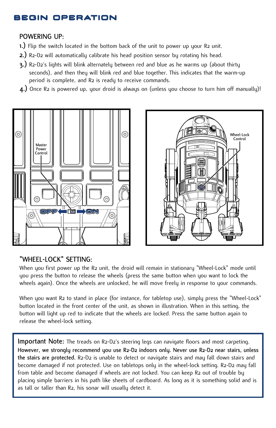 Begin operation, Powering up: 1.), Wheel-lock" setting | Hasbro R2-D2 84895 User Manual | Page 6 / 16