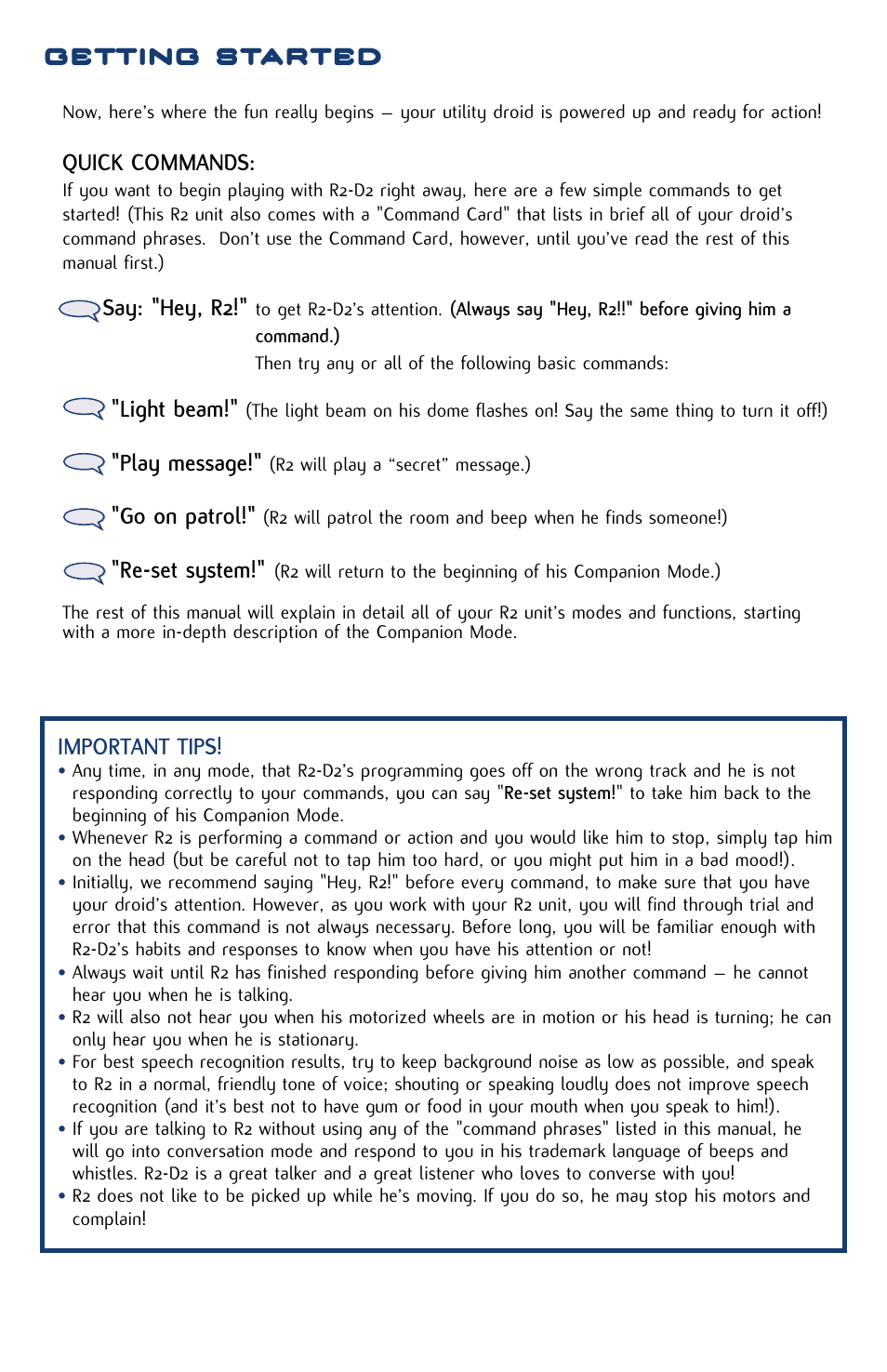 Getting started, Quick commands, Say: "hey, r2 | Light beam, Play message, Go on patrol, Re-set system, Important tips | Hasbro R2-D2 84895 User Manual | Page 7 / 16