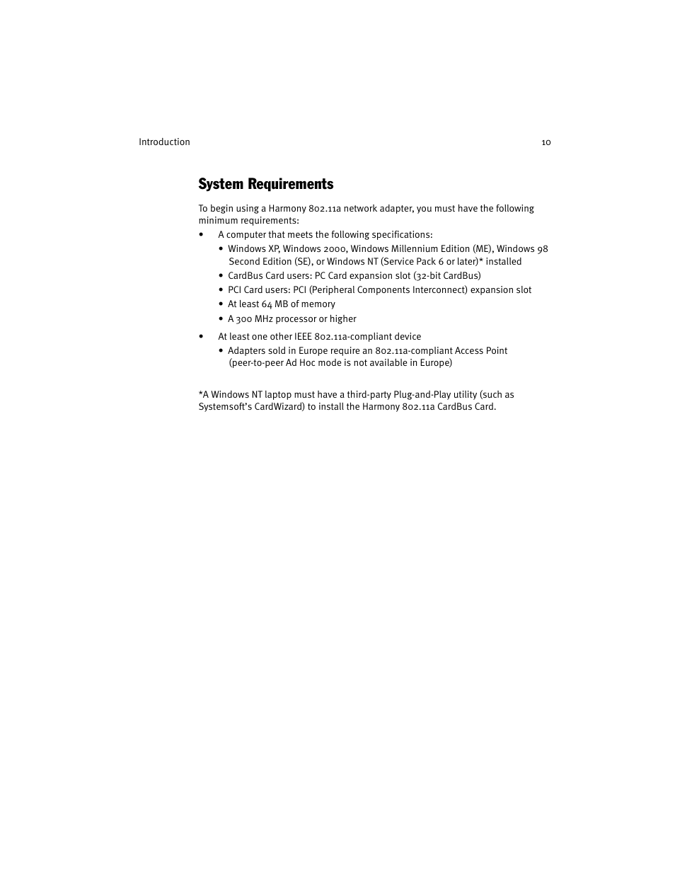 System requirements | Harmony House 802.11a User Manual | Page 10 / 76