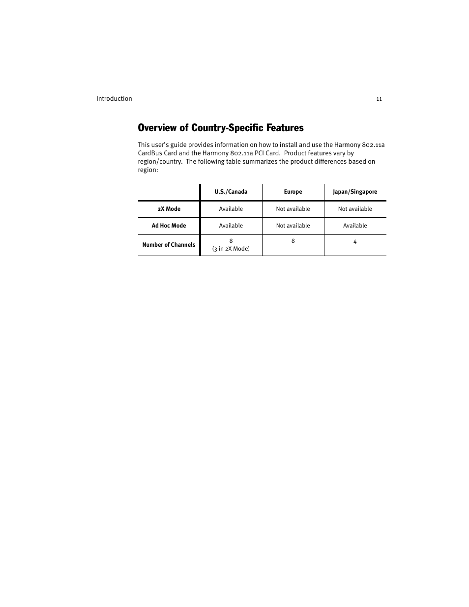 Overview of country-specific features | Harmony House 802.11a User Manual | Page 11 / 76