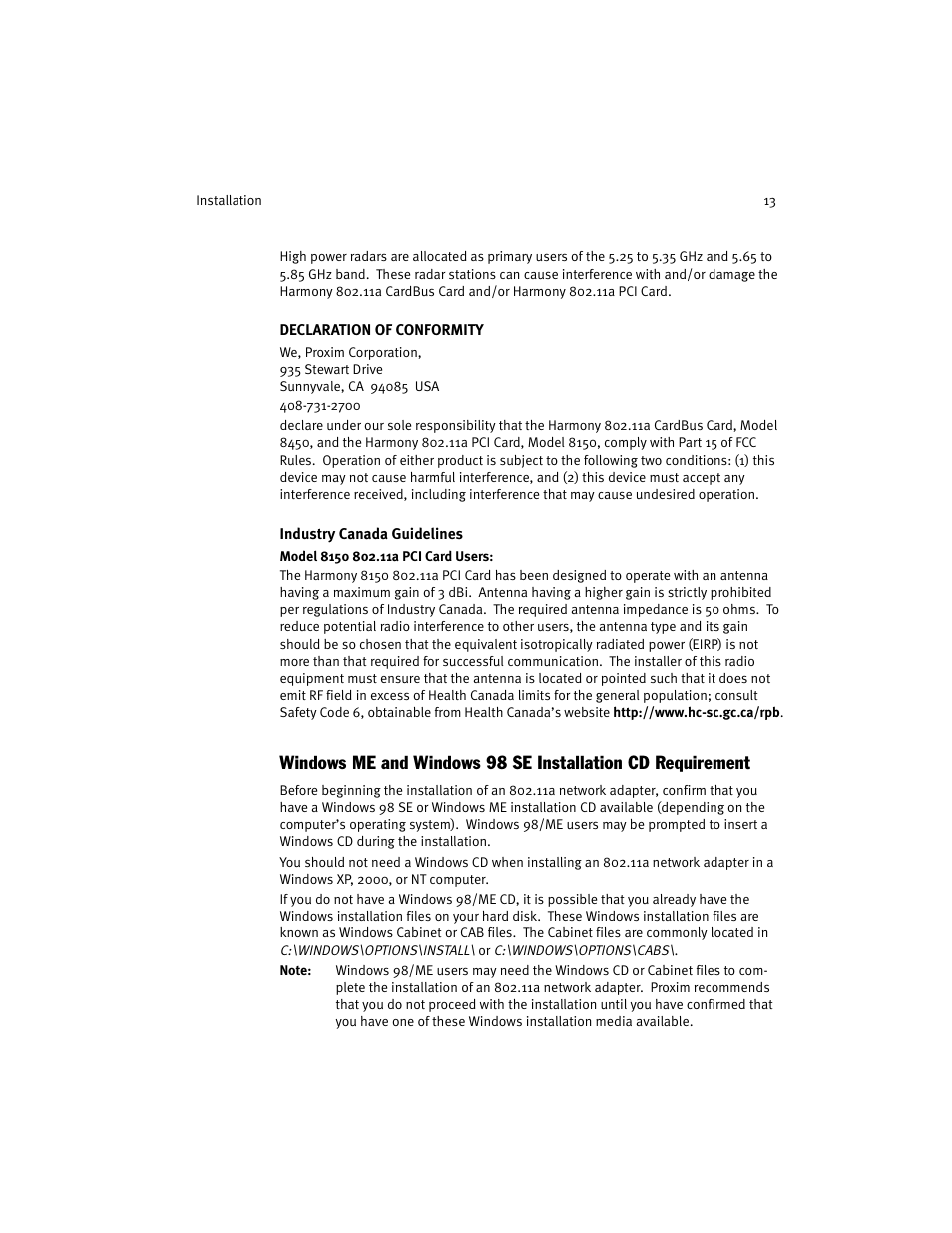 Declaration of conformity, Industry canada guidelines | Harmony House 802.11a User Manual | Page 13 / 76