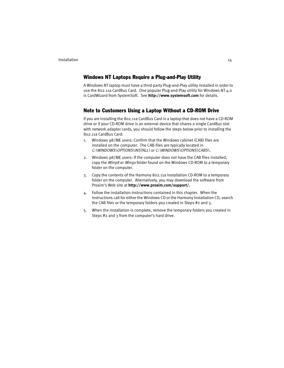 Windows nt laptops require a plug-and-play utility | Harmony House 802.11a User Manual | Page 14 / 76