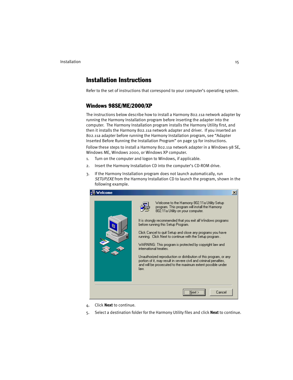Installation instructions, Windows 98se/me/2000/xp | Harmony House 802.11a User Manual | Page 15 / 76