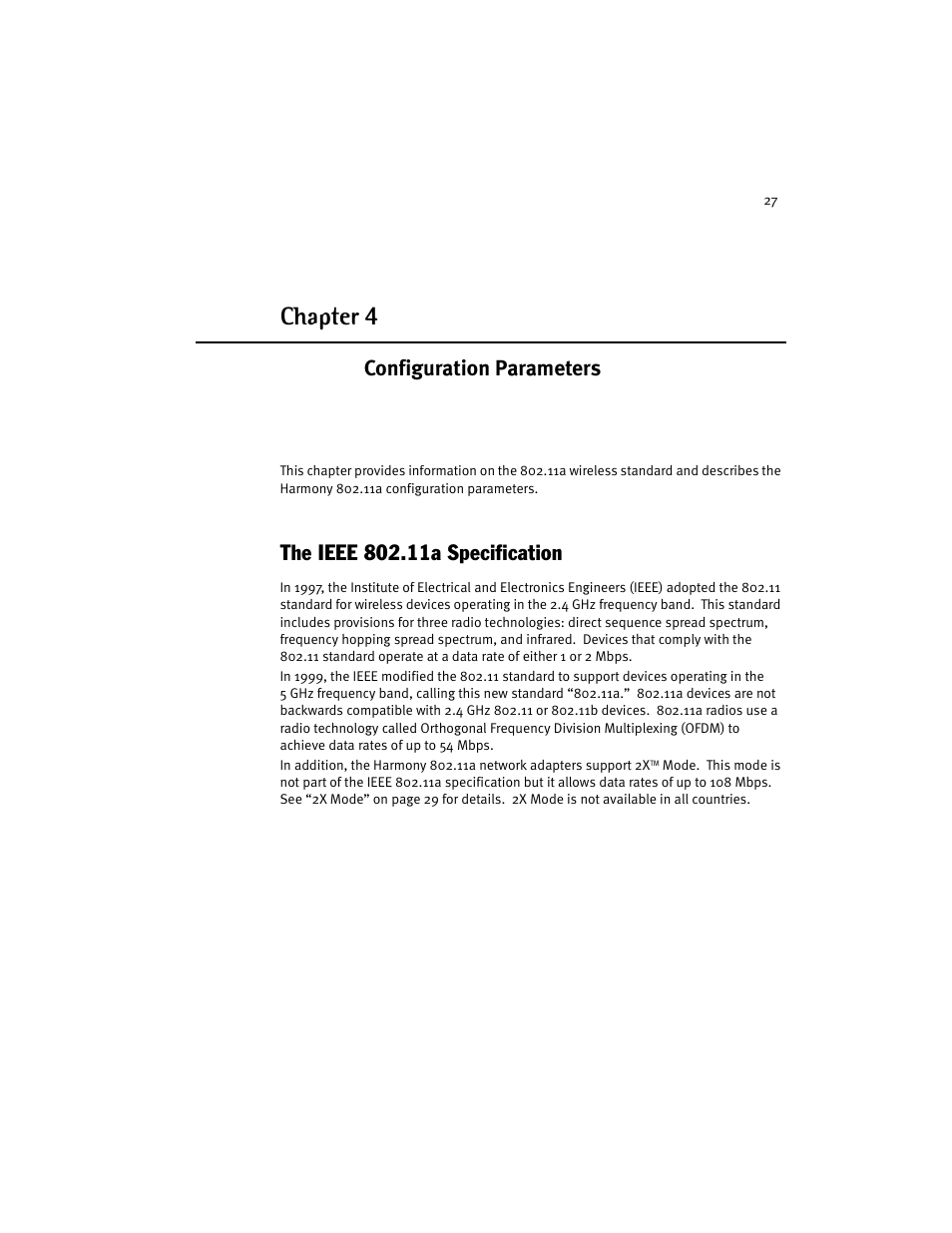 Configuration parameters, The ieee 802.11a specification, Chapter 4 - configuration parameters | Chapter 4 | Harmony House 802.11a User Manual | Page 27 / 76