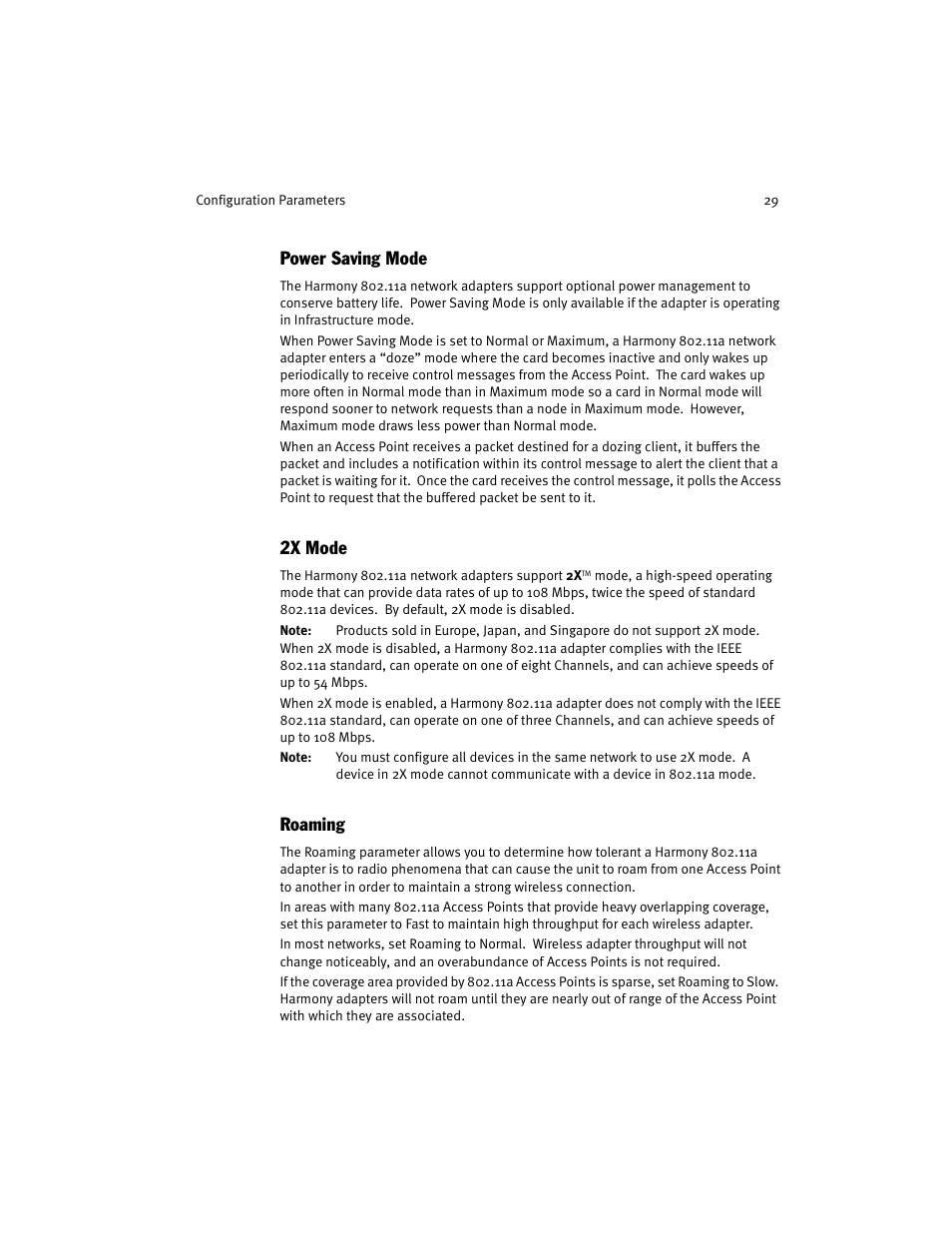 Power saving mode, 2x mode, Roaming | Power saving mode 2x mode roaming | Harmony House 802.11a User Manual | Page 29 / 76