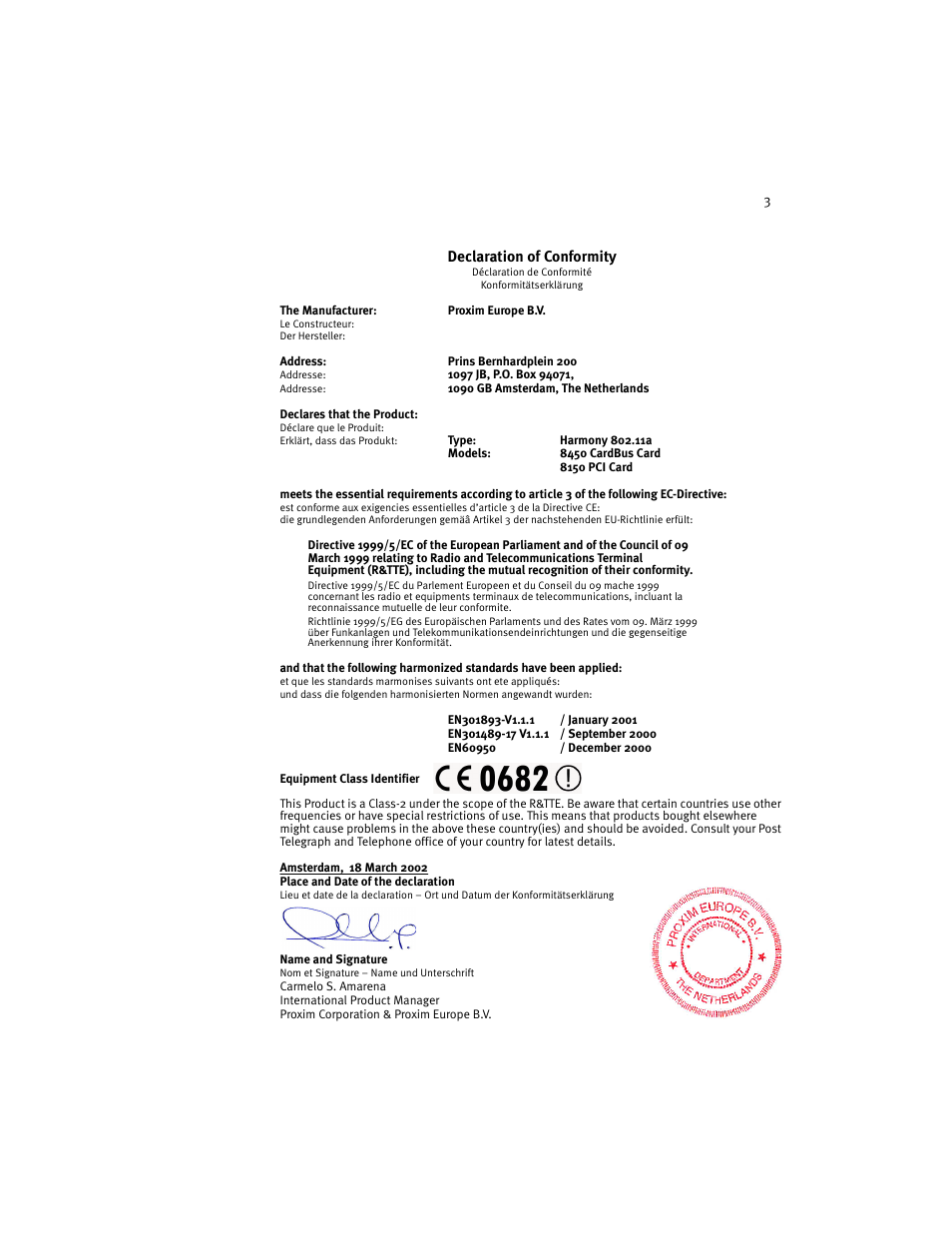 Declaration of conformity | Harmony House 802.11a User Manual | Page 3 / 76