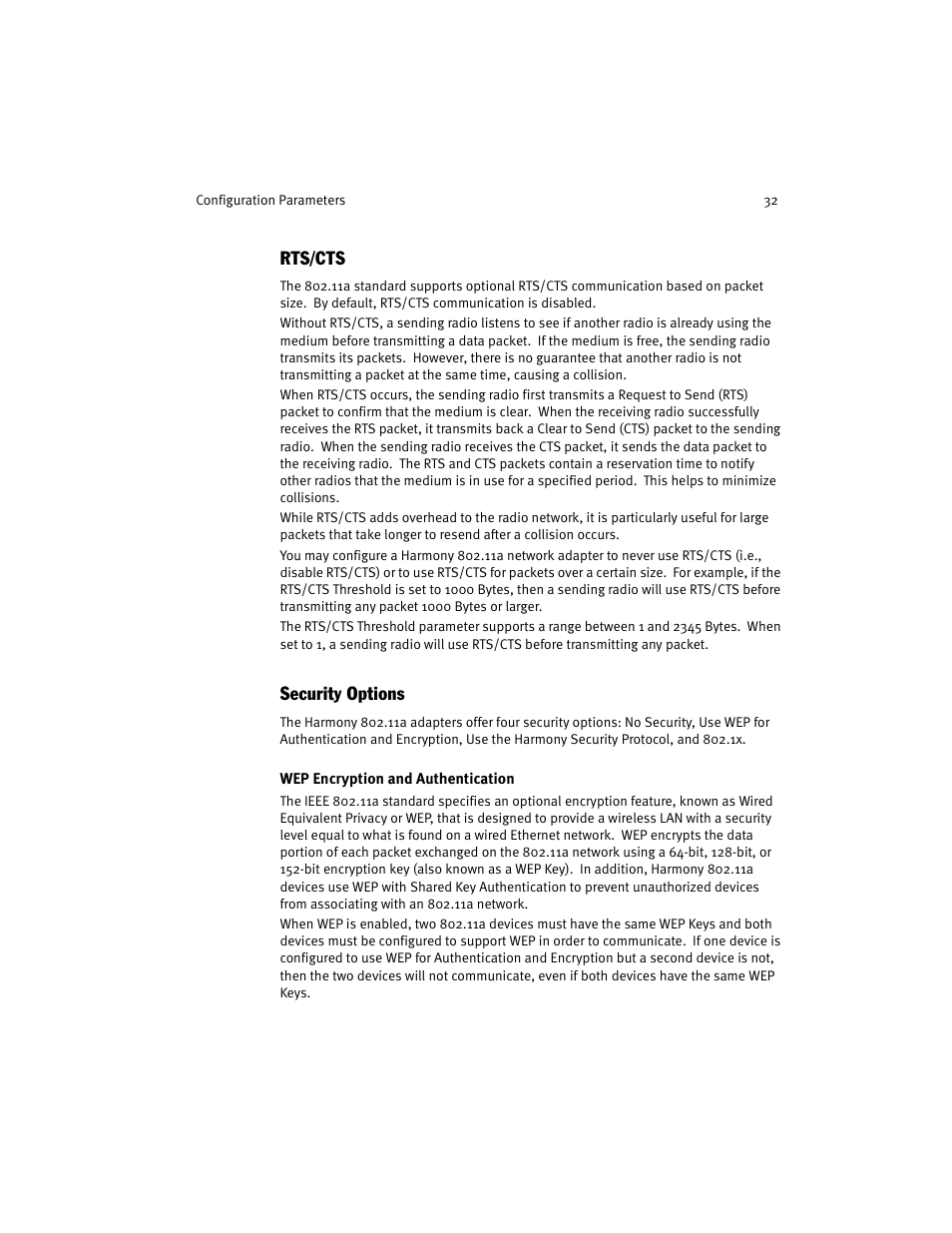 Rts/cts, Security options, Wep encryption and authentication | Rts/cts security options | Harmony House 802.11a User Manual | Page 32 / 76