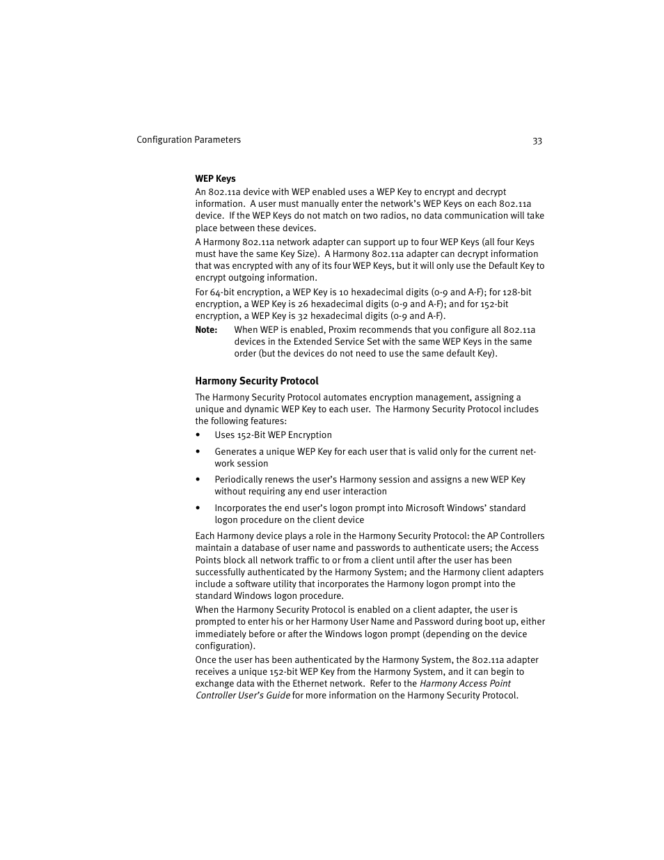 Harmony security protocol | Harmony House 802.11a User Manual | Page 33 / 76