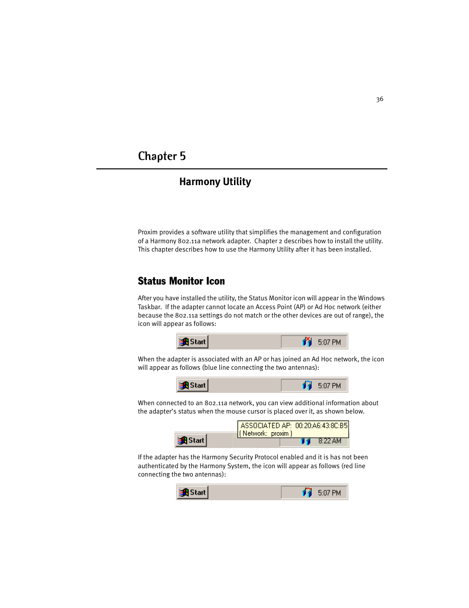 Harmony utility, Status monitor icon, Chapter 5 - harmony utility | Chapter 5 | Harmony House 802.11a User Manual | Page 36 / 76
