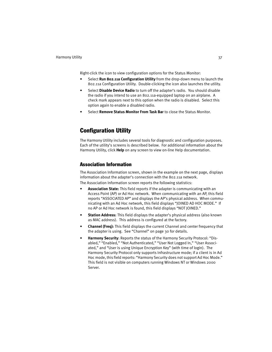 Configuration utility, Association information | Harmony House 802.11a User Manual | Page 37 / 76