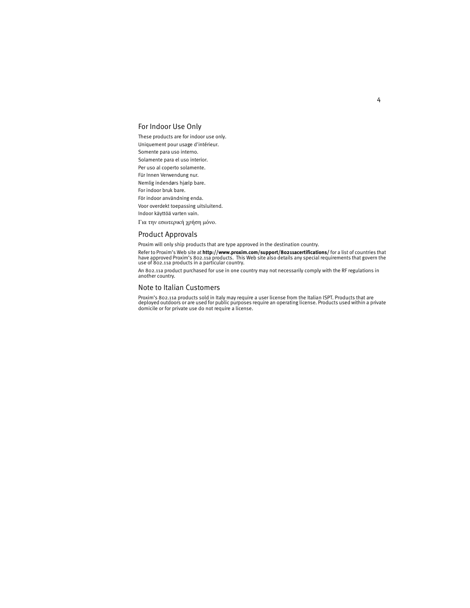 For indoor use only, Product approvals | Harmony House 802.11a User Manual | Page 4 / 76