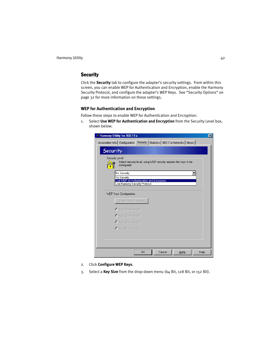 Security, Wep for authentication and encryption | Harmony House 802.11a User Manual | Page 42 / 76
